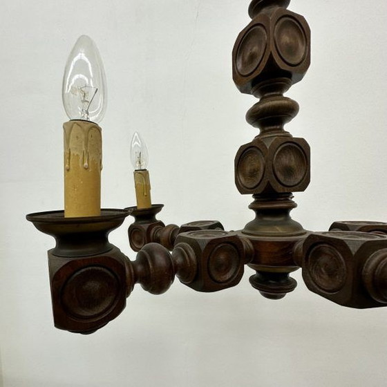 Image 1 of Brutalist oak wood chandelier , 1970’s