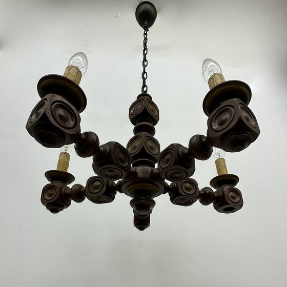 Image 1 of Brutalist oak wood chandelier , 1970’s