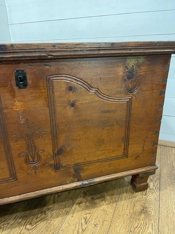 Image 1 of 19th-century hardwood carved/carved blanket chest with drawer ca 1870