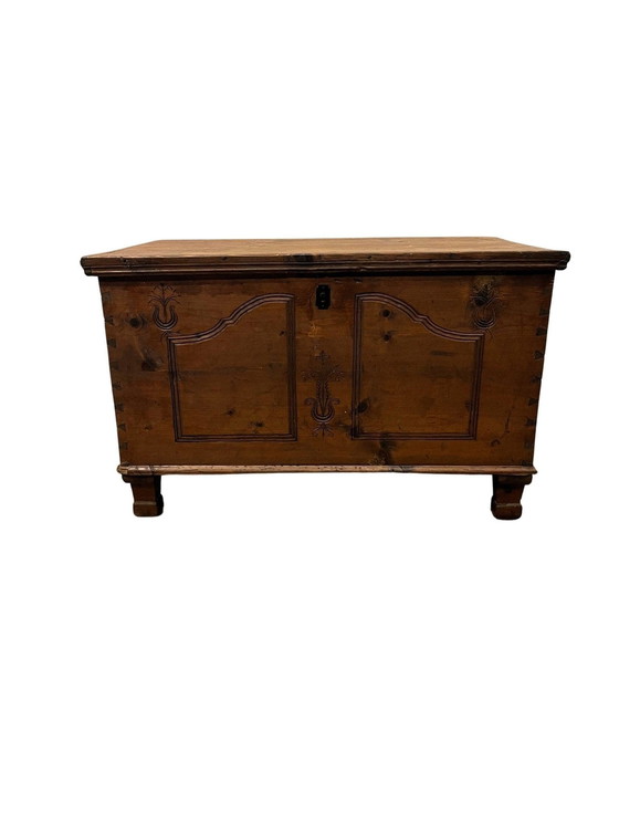 Image 1 of 19th-century hardwood carved/carved blanket chest with drawer ca 1870