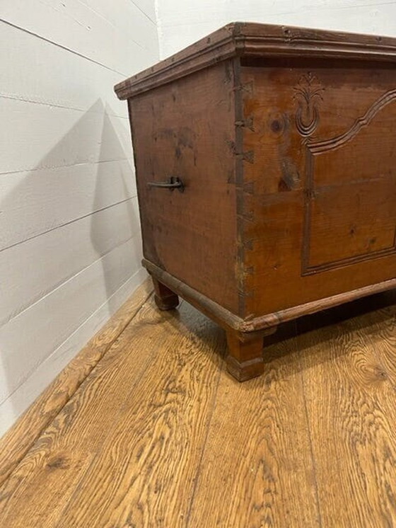 Image 1 of 19th-century hardwood carved/carved blanket chest with drawer ca 1870