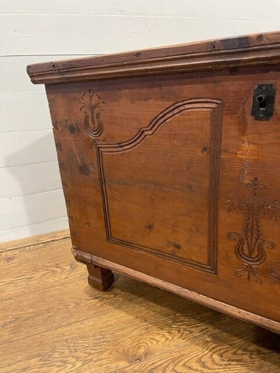 Image 1 of 19th-century hardwood carved/carved blanket chest with drawer ca 1870