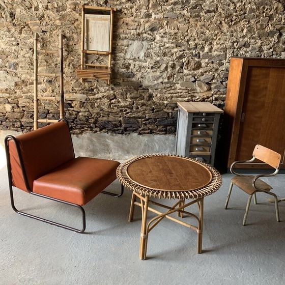 Image 1 of Specchio da parete vintage con 1 cassetto in rattan