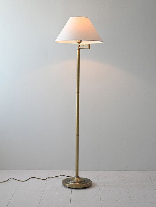Vintage Scandinavian Gold Floor Lamp With White Fabric Shade – Elegant Mid-Century Design