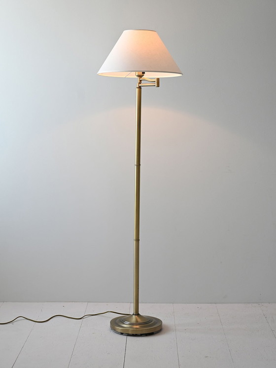 Image 1 of Vintage Scandinavian Gold Floor Lamp With White Fabric Shade – Elegant Mid-Century Design