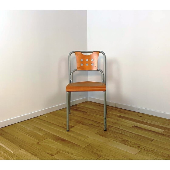 Image 1 of Vintage community chair in gray tinted metal and wood