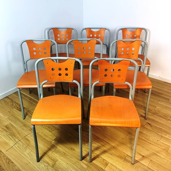 Image 1 of Vintage community chair in gray tinted metal and wood
