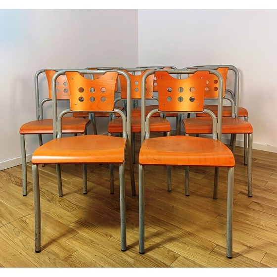 Image 1 of Vintage community chair in gray tinted metal and wood
