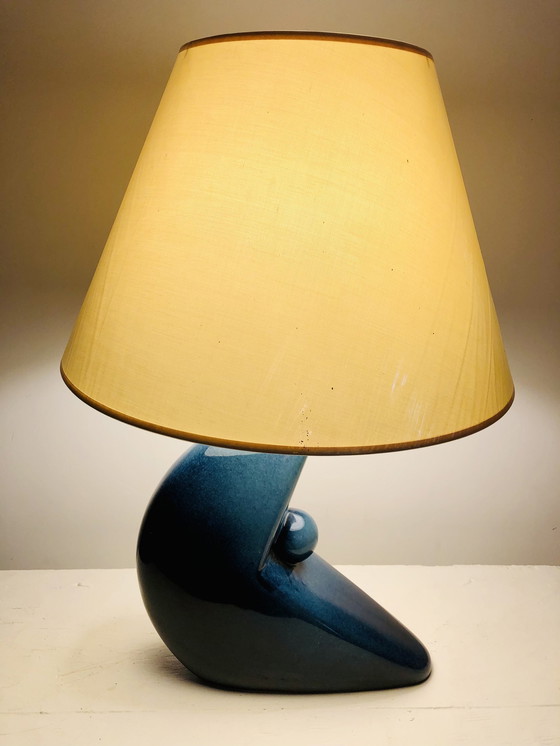 Image 1 of 1930s/1950s Modernist Iridescent Blue Ceramic Lamp