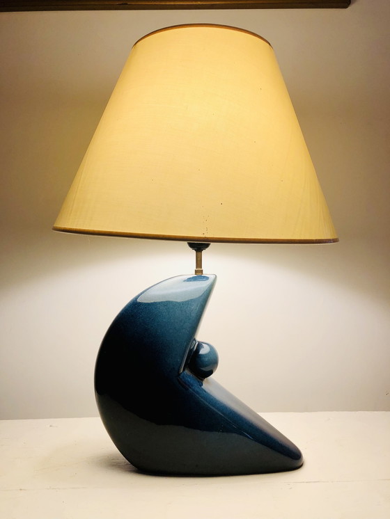 Image 1 of 1930s/1950s Modernist Iridescent Blue Ceramic Lamp