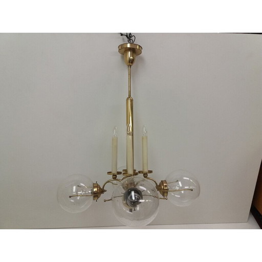 Vintage brass chandelier with 4 round transparent shades, Czechoslovakia 1940