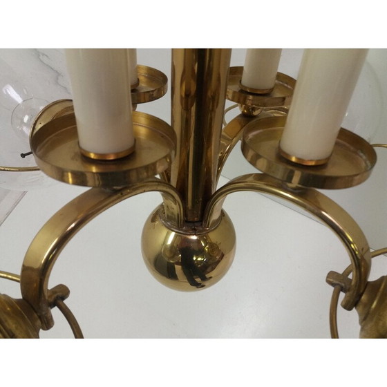 Image 1 of Vintage brass chandelier with 4 round transparent shades, Czechoslovakia 1940