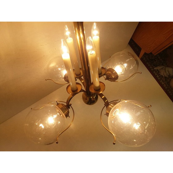 Image 1 of Vintage brass chandelier with 4 round transparent shades, Czechoslovakia 1940