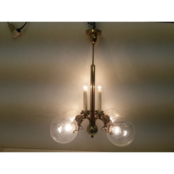 Image 1 of Vintage brass chandelier with 4 round transparent shades, Czechoslovakia 1940