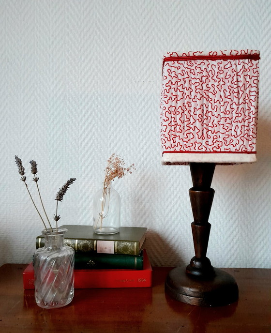 Image 1 of Art Deco Wooden Lamp With Sewing Lampshade