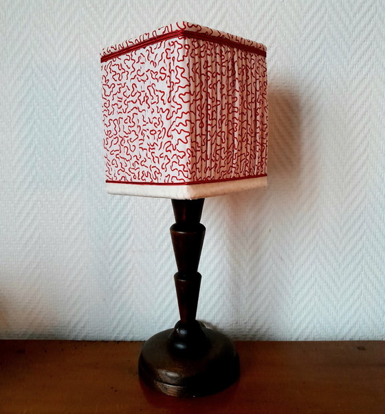 Image 1 of Art Deco Wooden Lamp With Sewing Lampshade