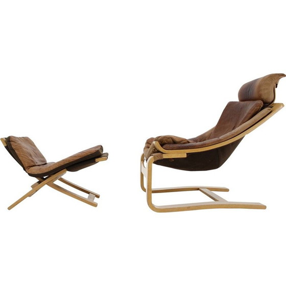 Image 1 of Kroken Leather Lounge Chair and foot stool by Ake Fribytter for Nelo 1970s