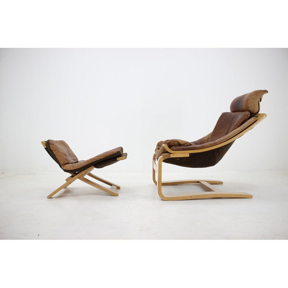 Image 1 of Kroken Leather Lounge Chair and foot stool by Ake Fribytter for Nelo 1970s