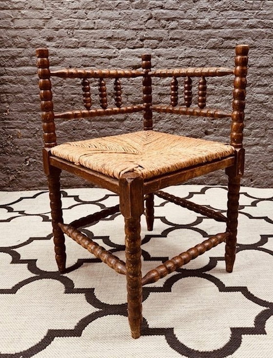 Image 1 of Vintage Brutalist Bobbin Oak Corner Chair With Braided Piping Seat