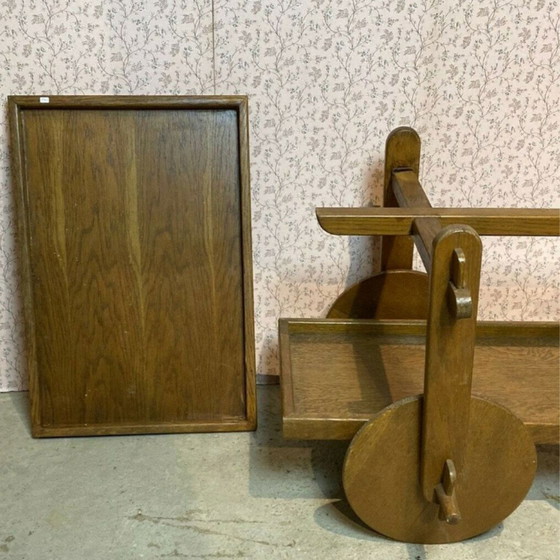 Image 1 of Midcentury Brutalist Modernist Oak Bar Cart Or Trolley, 1950S