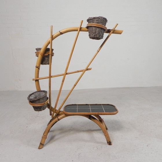 Image 1 of Bamboo Plant Stand With 3 Pots, 1950s