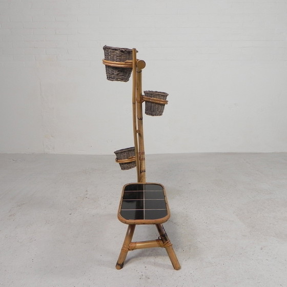 Image 1 of Bamboo Plant Stand With 3 Pots, 1950s