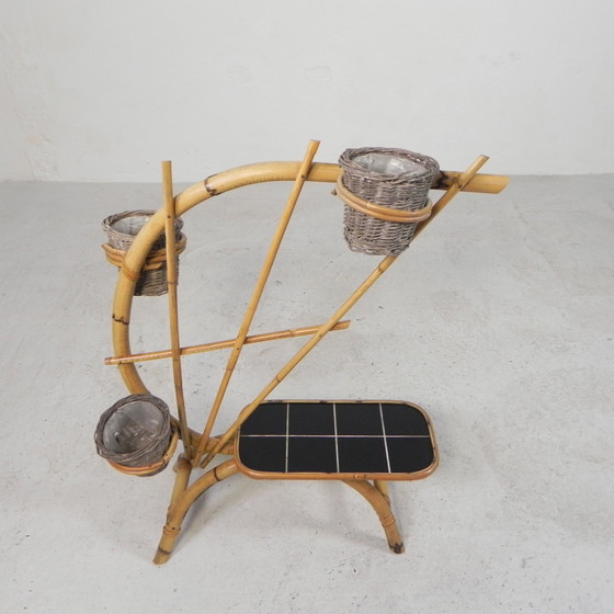 Image 1 of Bamboo Plant Stand With 3 Pots, 1950s