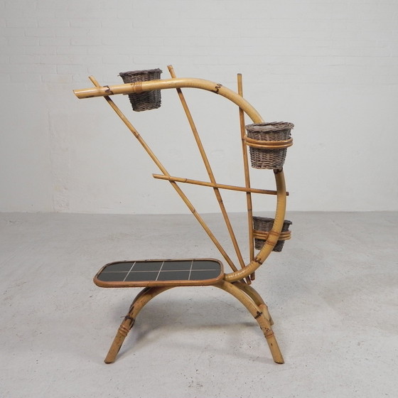 Image 1 of Bamboo Plant Stand With 3 Pots, 1950s