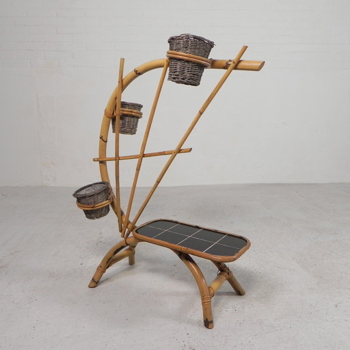 Bamboo Plant Stand With 3 Pots, 1950s