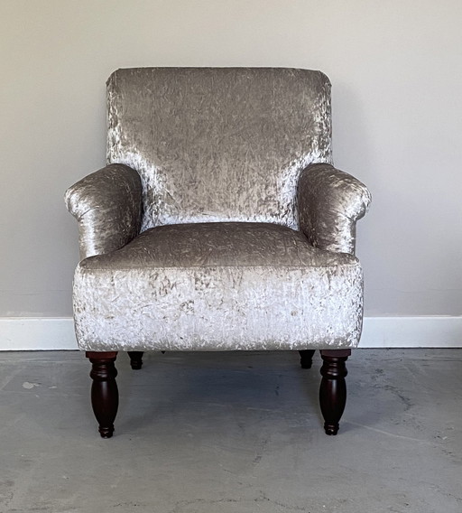 Chair In Silver Velvet Fabric With Matching Hocker