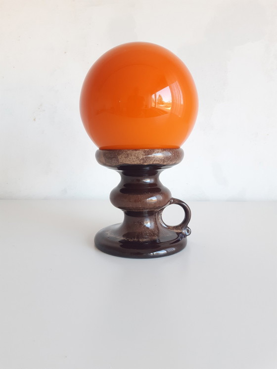 Image 1 of Ceramic Earthenware Vintage Table Lamp with Orange Glass Bulb, West Germany Fat Lava Style