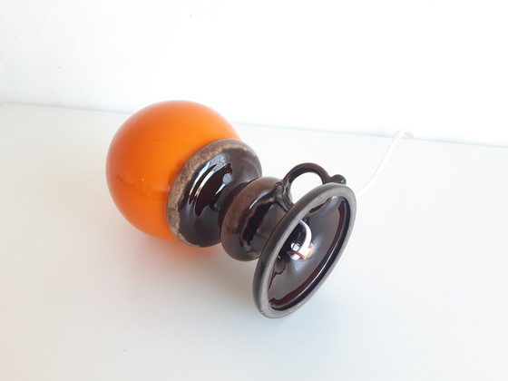 Image 1 of Ceramic Earthenware Vintage Table Lamp with Orange Glass Bulb, West Germany Fat Lava Style