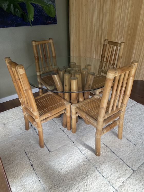 Image 1 of Vintage Boho Bamboo Dining Room Set - Dining Table With 4 Chairs