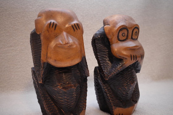 Image 1 of 2 Old Wise Monkeys Decorative Wooden Figures Solid