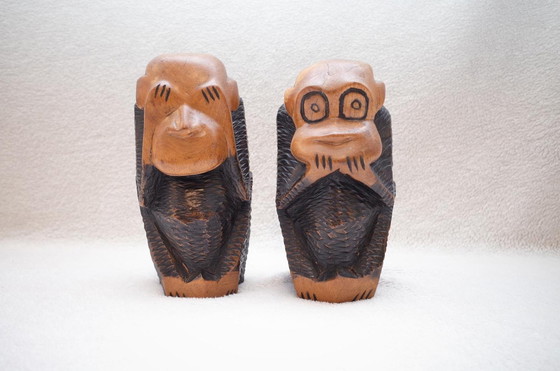 Image 1 of 2 Old Wise Monkeys Decorative Wooden Figures Solid