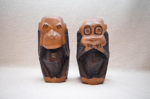 2 Old Wise Monkeys Decorative Wooden Figures Solid