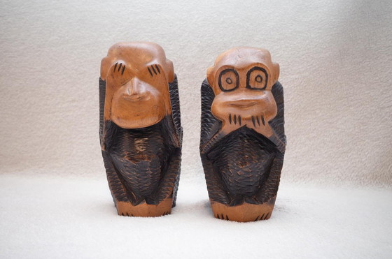 Image 1 of 2 Old Wise Monkeys Decorative Wooden Figures Solid