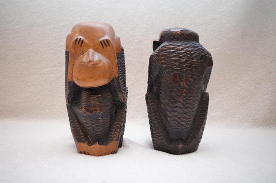 Image 1 of 2 Old Wise Monkeys Decorative Wooden Figures Solid