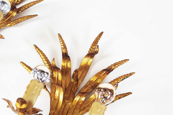 Image 1 of Coppia di grandi lampade da parete vintage dorate a forma di fascio di grano