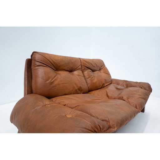 Salotto di metà secolo in pelle color cognac, anni &#39;60