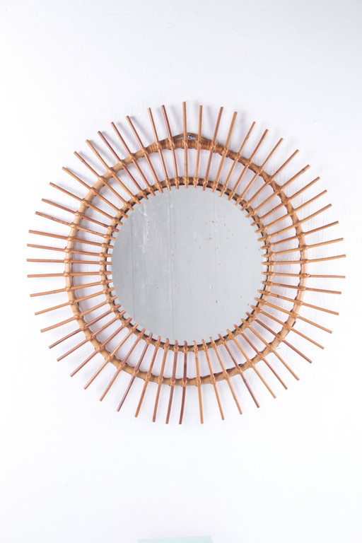 French Round Rattan Mirror Bohemian Style