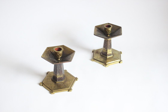 Image 1 of Hexagonal Art Deco Brass Candle Sticks, 1920S