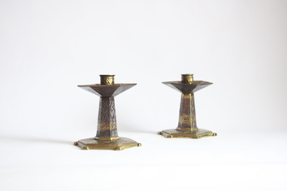 Image 1 of Hexagonal Art Deco Brass Candle Sticks, 1920S