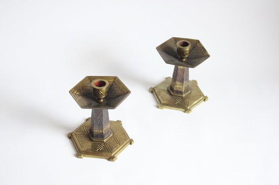 Image 1 of Hexagonal Art Deco Brass Candle Sticks, 1920S