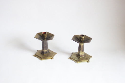 Hexagonal Art Deco Brass Candle Sticks, 1920S