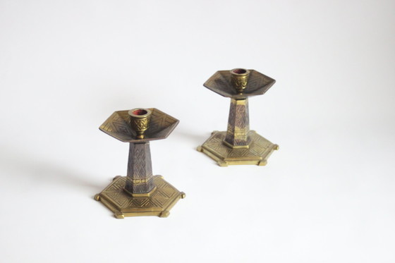 Image 1 of Hexagonal Art Deco Brass Candle Sticks, 1920S