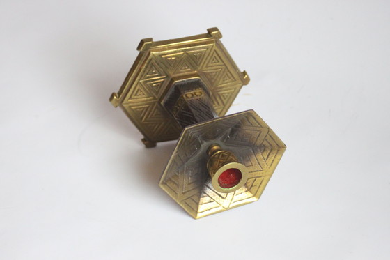 Image 1 of Hexagonal Art Deco Brass Candle Sticks, 1920S