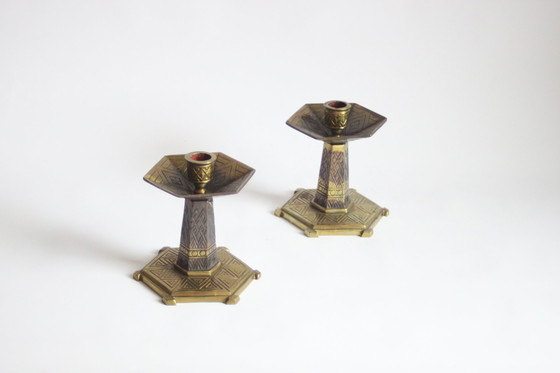 Image 1 of Hexagonal Art Deco Brass Candle Sticks, 1920S