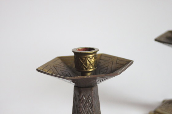 Image 1 of Hexagonal Art Deco Brass Candle Sticks, 1920S