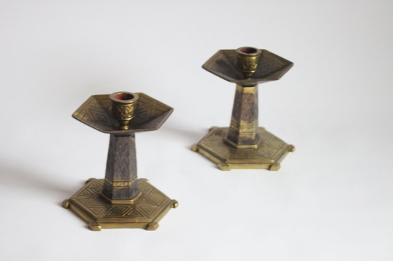 Image 1 of Hexagonal Art Deco Brass Candle Sticks, 1920S